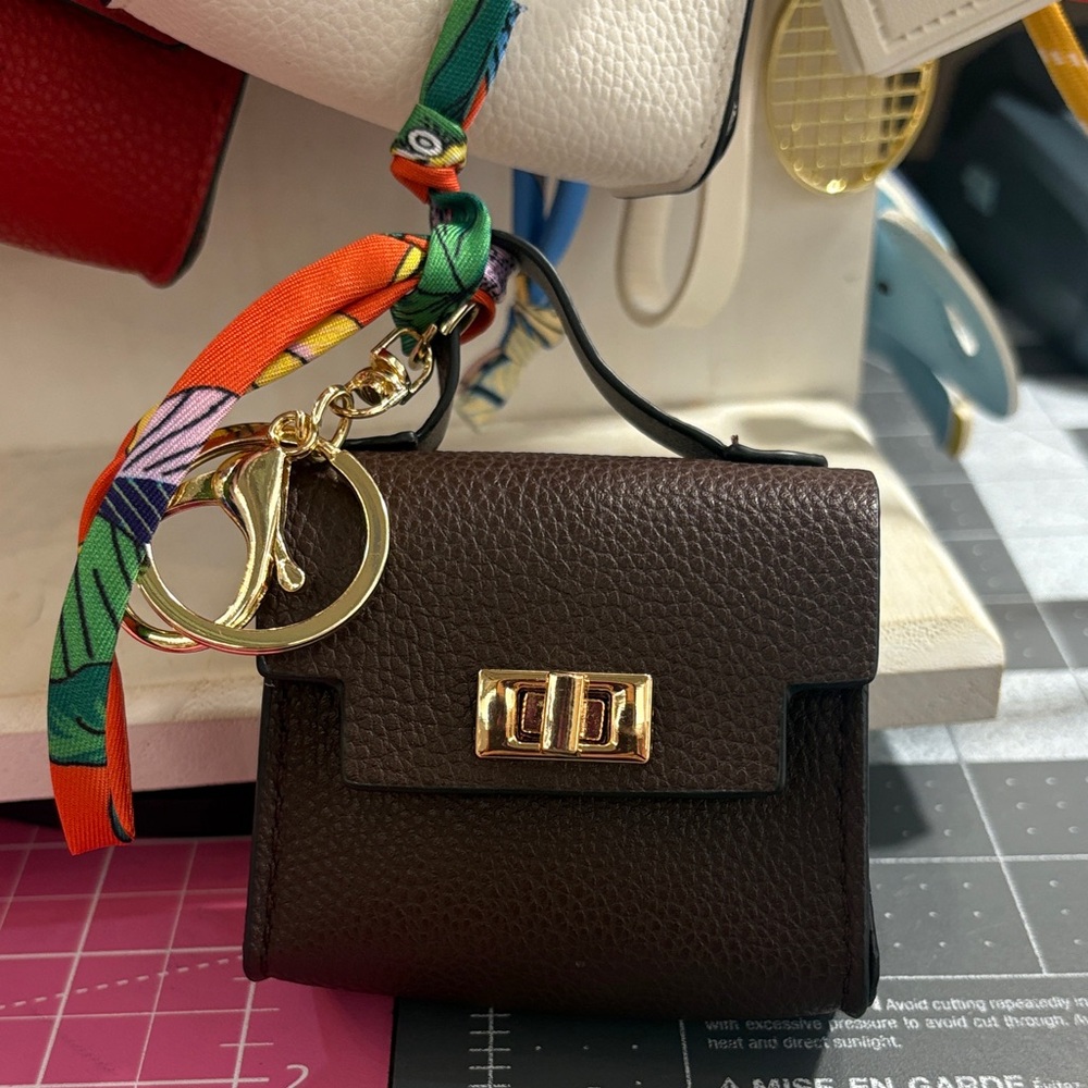 Brown Mini Keychain Bag with Gold Accents
